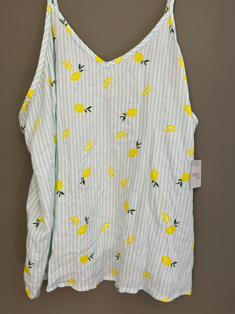 NWT Yellow Lemon Print Striped V-Neck Spaghetti Strap Top Adjustable Straps XL - Picture 2 of 10